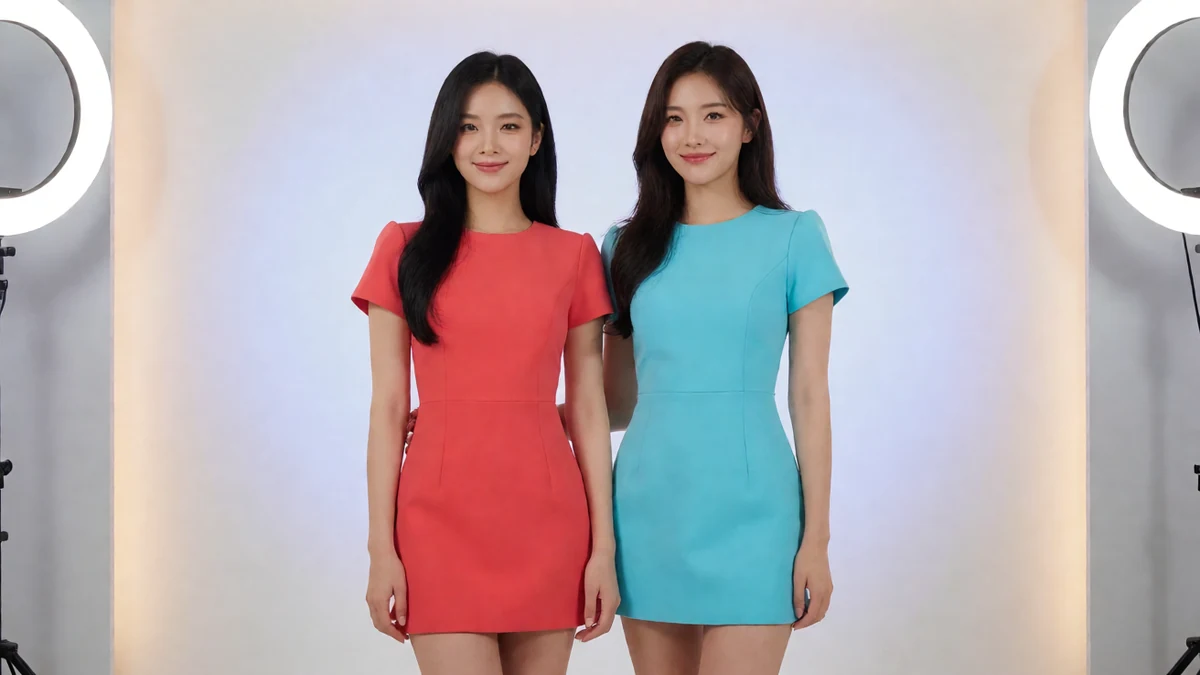 两名虚构成年东亚女主播穿珊瑚红与海蓝短裙,在明亮网络直播工作室面向镜头