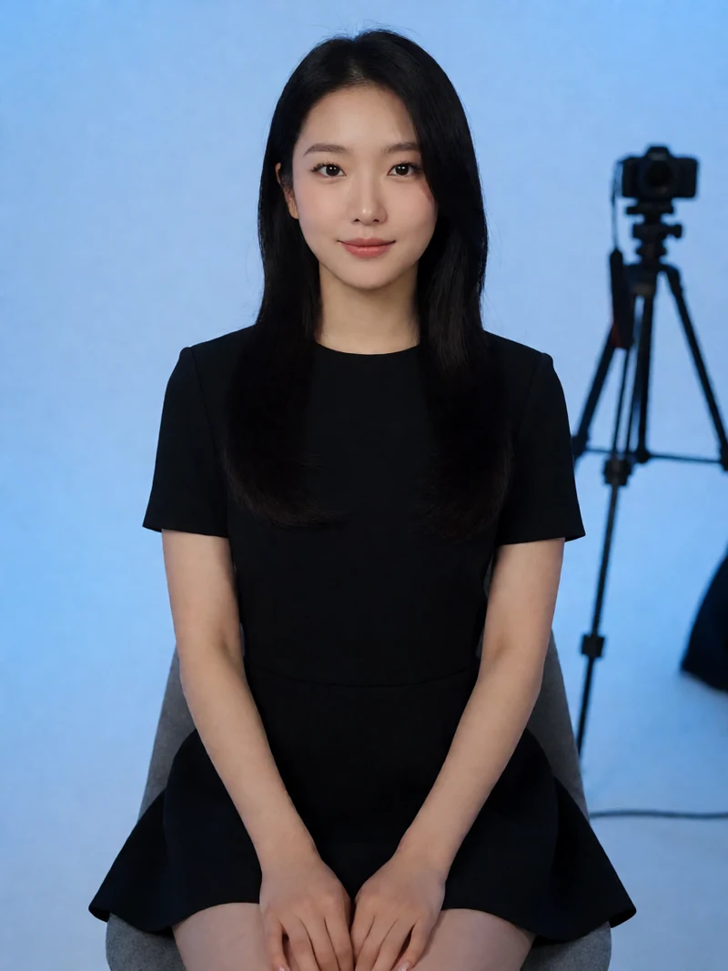 虚构成年东亚女主播穿黑色短裙坐在安静的私人直播摄影棚