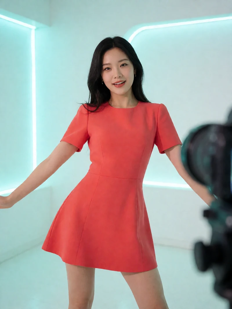 虚构成年东亚女主播穿珊瑚色短裙在公开直播台前跳舞
